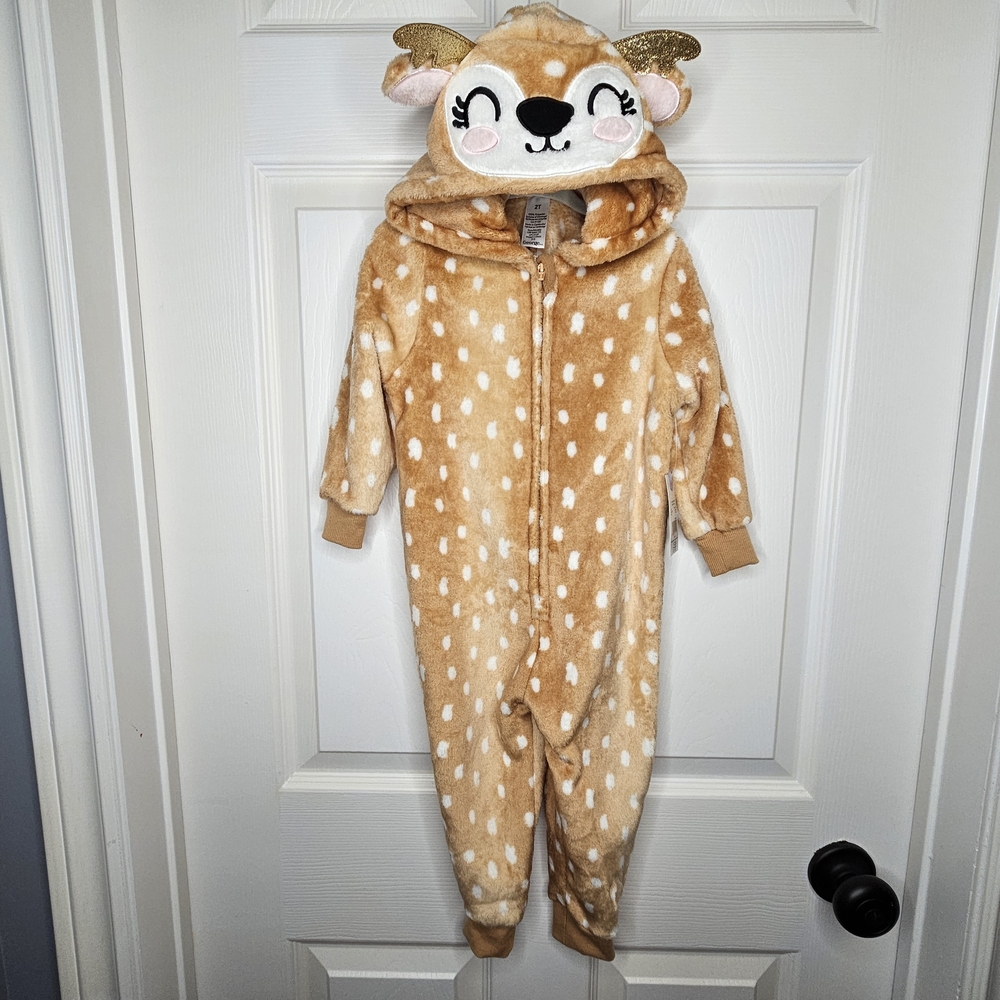 George Christmas Onesie Pajamas Festive Reindeer Fleece Tan White Kids Size 2T